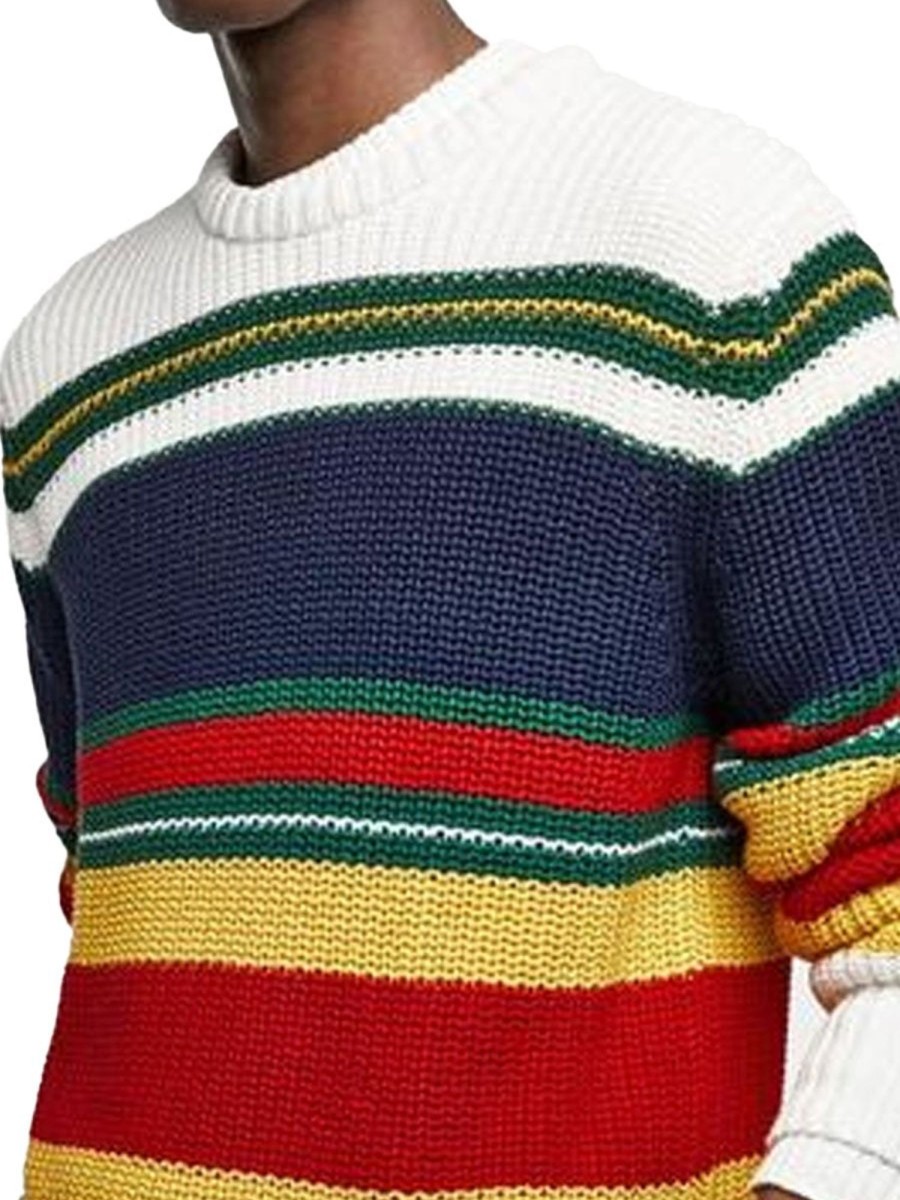 Men DJ Sweater | Rainbow Striped Casual Crew Neck Knitted Pullover Sweater Photo Color