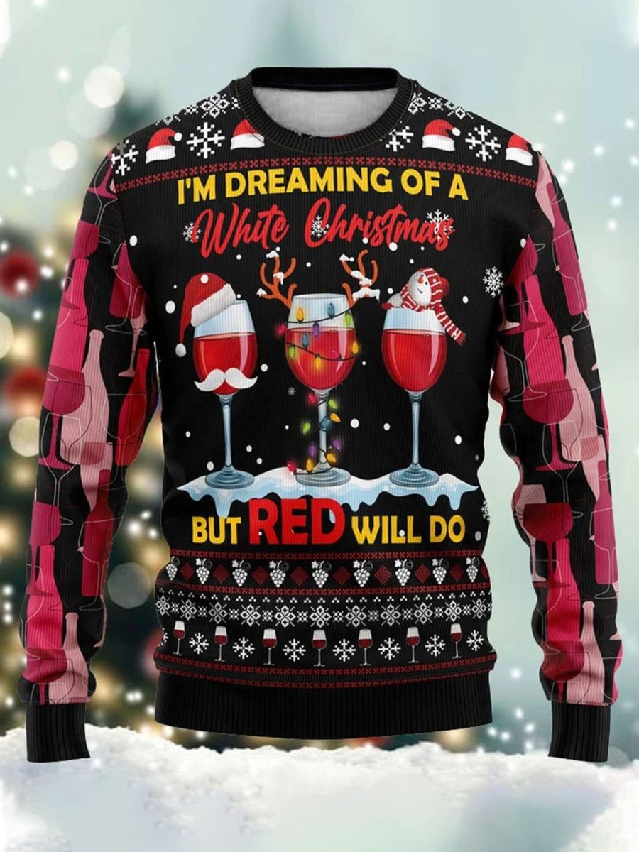 Men DJ Ugly Sweater | Red Wine Christmas Print Casual Crew Neck Sweatshirt Photo Color