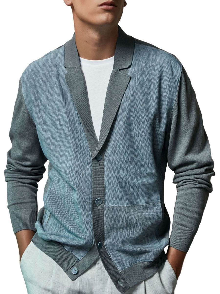 Men BXL Cardigan | Men'S Knitted Patchwork Casual Lapel Cardigan Blue