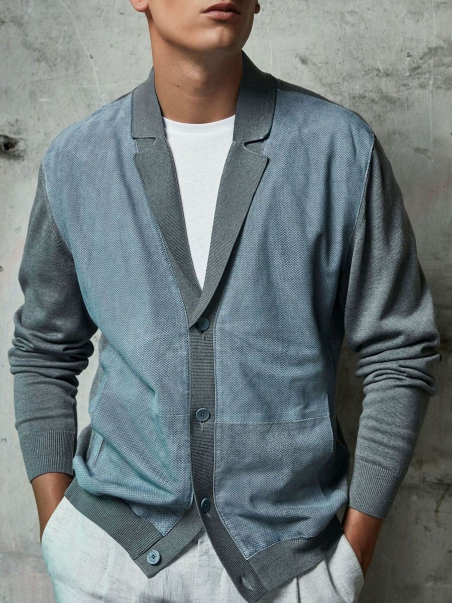 Men BXL Cardigan | Men'S Knitted Patchwork Casual Lapel Cardigan Blue