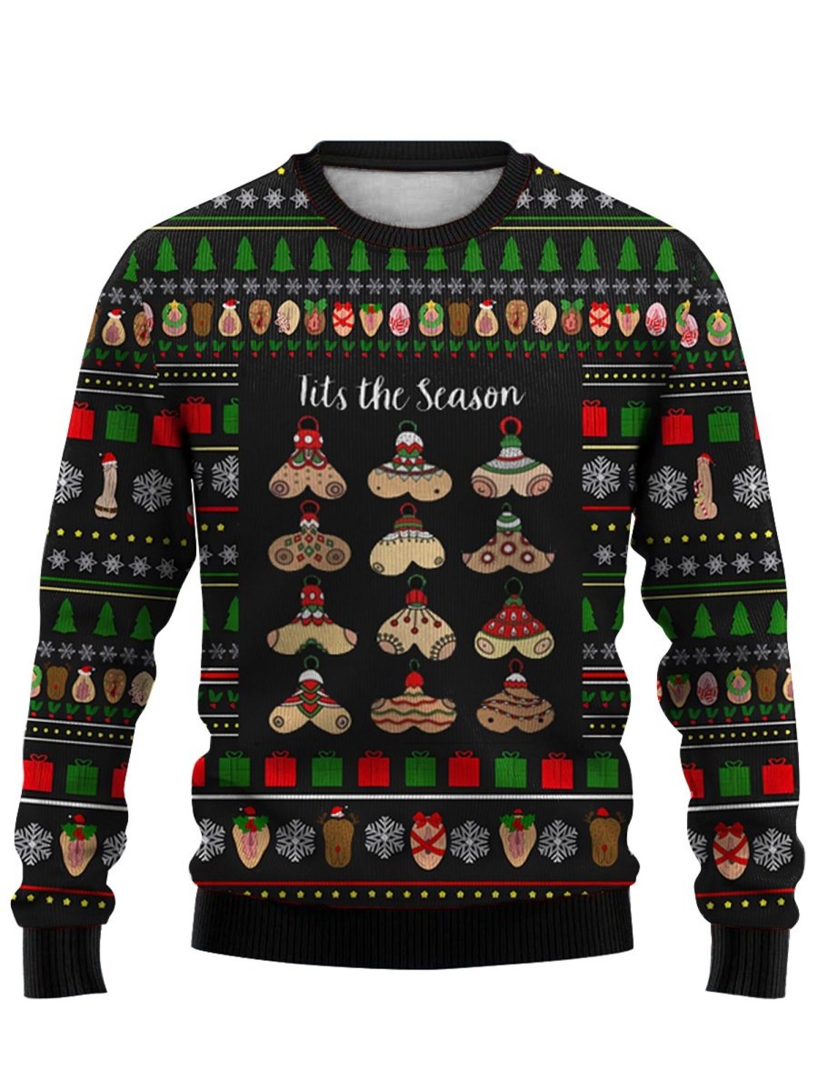 Men DJ Ugly Sweater | Fun Christmas Boobs Print Casual Crew Neck Sweatshirt Photo Color