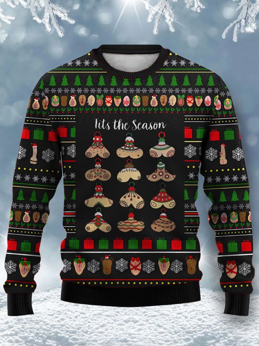 Men DJ Ugly Sweater | Fun Christmas Boobs Print Casual Crew Neck Sweatshirt Photo Color