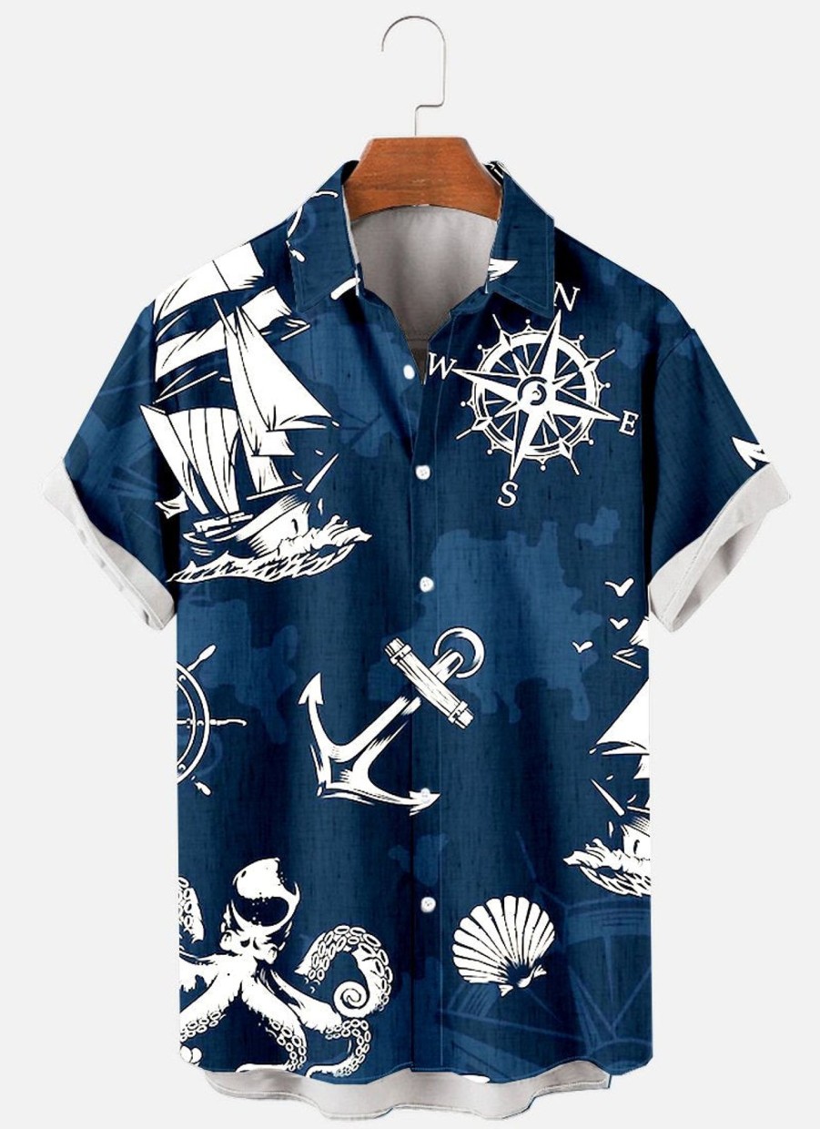 Men XT Shirts | Men'S Nautical Print Short Sleeve Shirt Navy