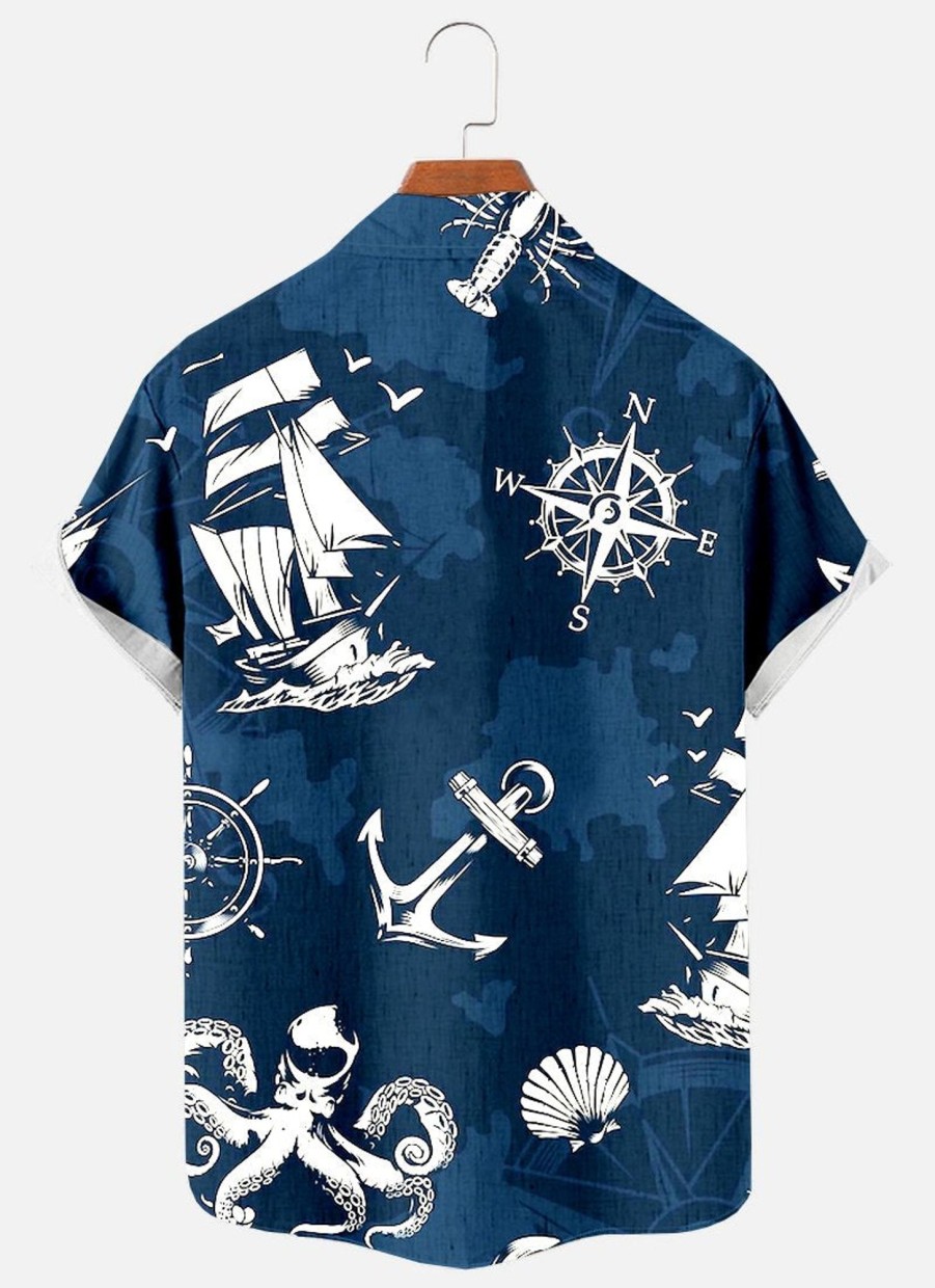 Men XT Shirts | Men'S Nautical Print Short Sleeve Shirt Navy