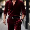 Men BXL Set | Men'S Solid Color Velvet Long Sleeve Shirt And Pants Suit Wine Red