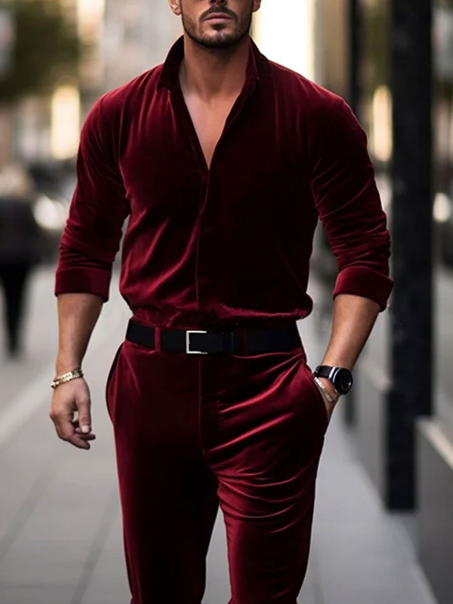 Men BXL Set | Men'S Solid Color Velvet Long Sleeve Shirt And Pants Suit Wine Red