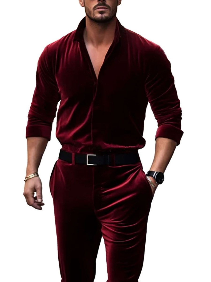 Men BXL Set | Men'S Solid Color Velvet Long Sleeve Shirt And Pants Suit Wine Red