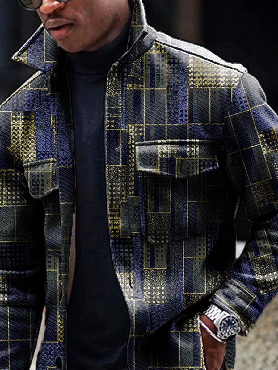 Men DJ Print Jacket | Men'S Textured Geometric Print Waffle Pocket Jacket Photo Color