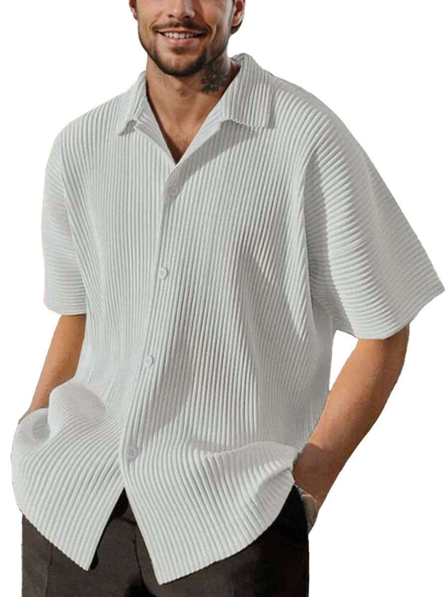 Men BXL Casual Shirts | Men'S Solid Color Pit Polyester Casual Short-Sleeved Shirt White