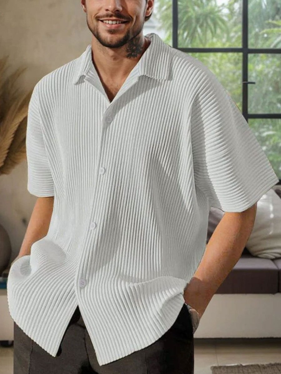 Men BXL Casual Shirts | Men'S Solid Color Pit Polyester Casual Short-Sleeved Shirt White