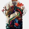 Men DJ Shirts | Japanese Ukiyo-E Dragon Print Casual Short-Sleeved Shirt Photo Color