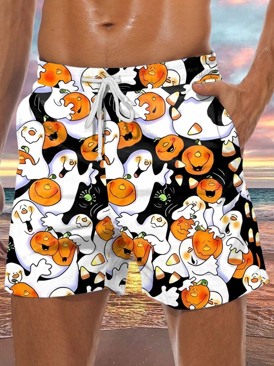 Men LJC Bottoms | Pumpkin Ghost Print Track Shorts Photo Color