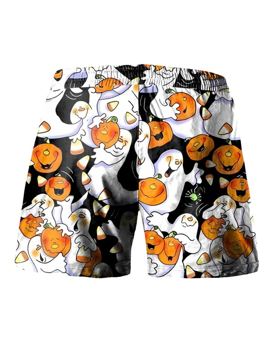 Men LJC Bottoms | Pumpkin Ghost Print Track Shorts Photo Color