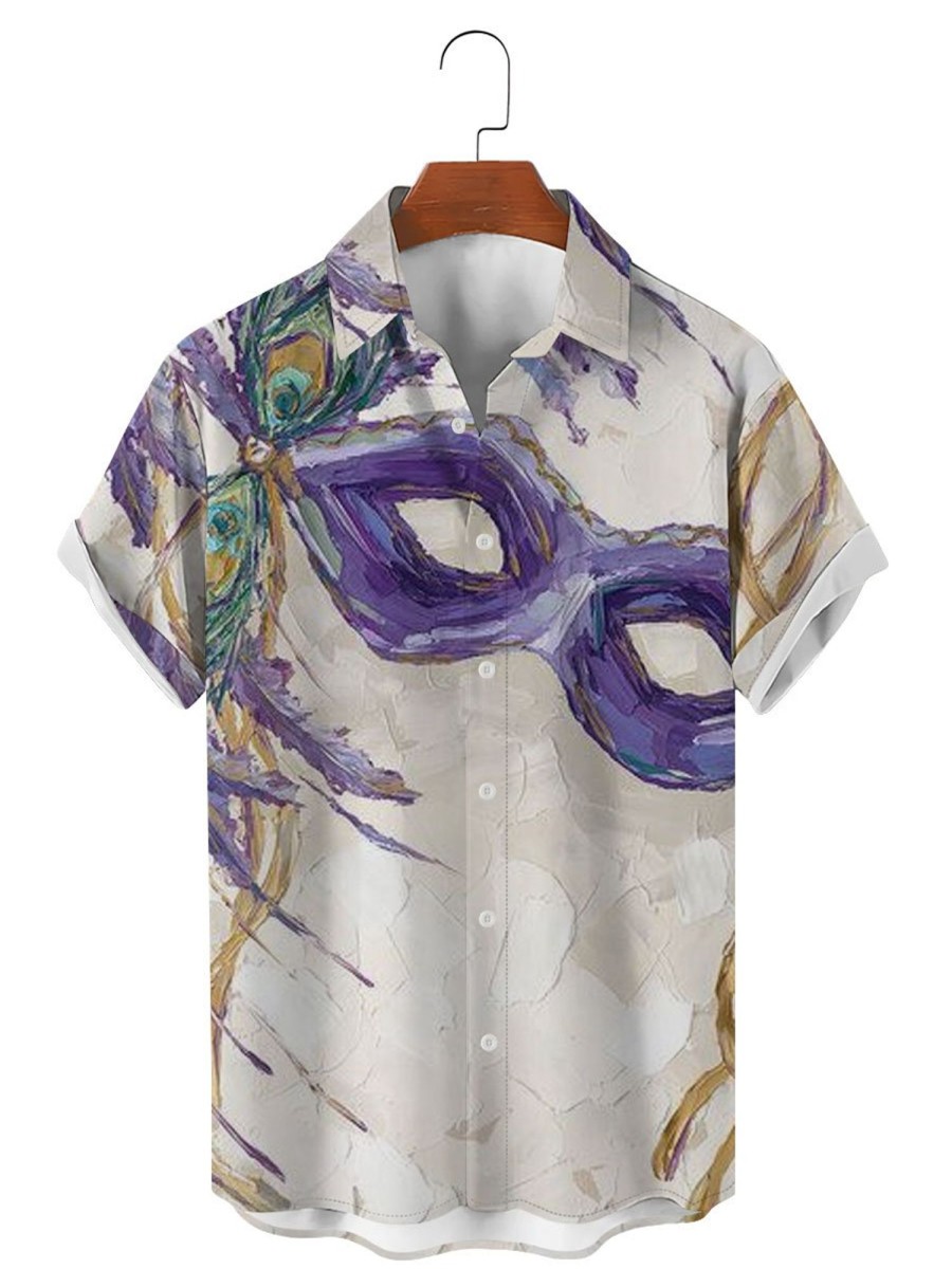 Men DJ Shirts | Mardi Gras Abstract Art Print Casual Short Sleeve Shirt Photo Color