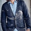 Men DJ Print Cardigan | Deep Sea Whale Starry Sky Print Knitted Cardigan Navy