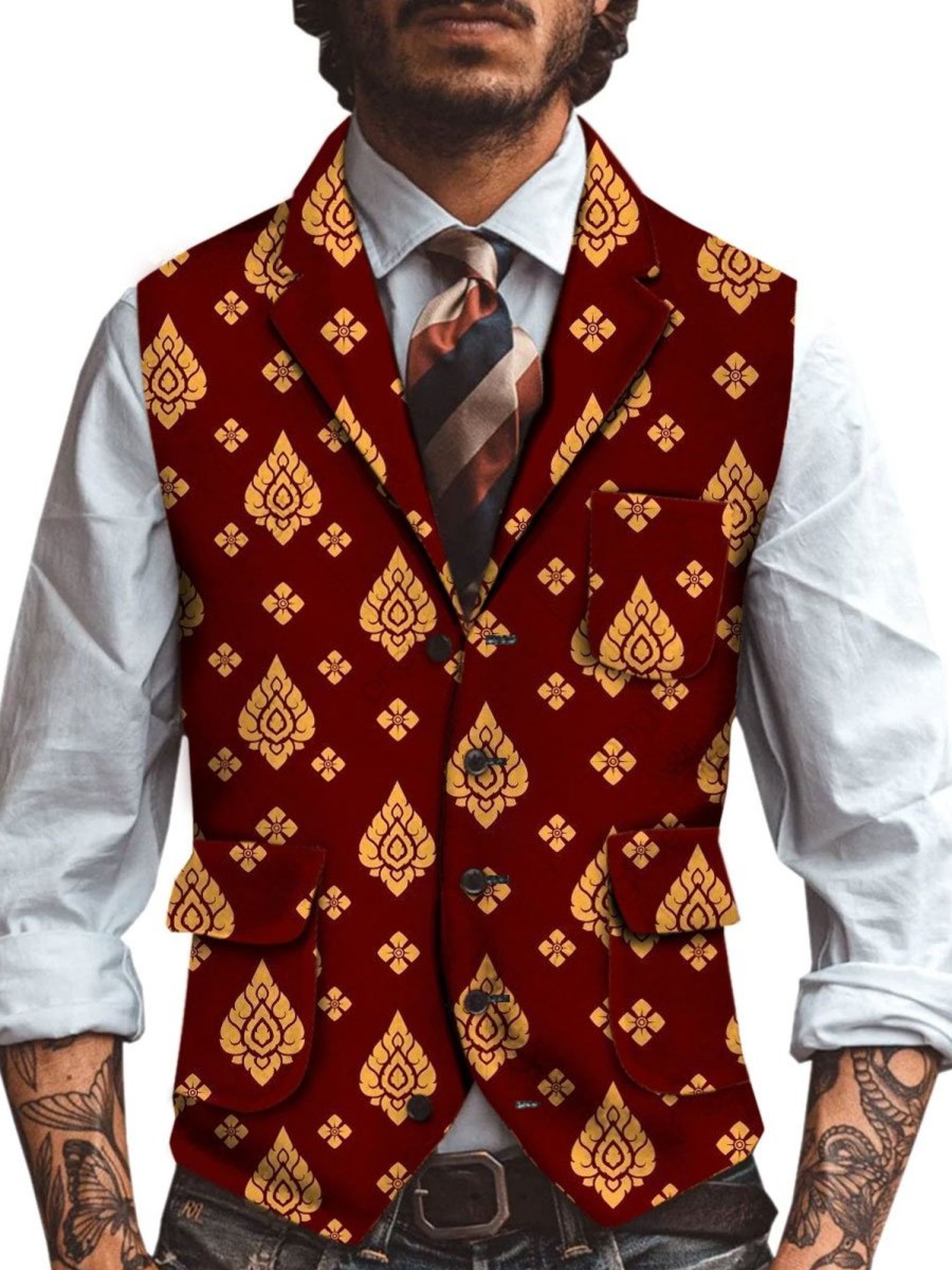 Men BXL Vest | Men'S Retro Ethnic Print Multi-Pocket Casual Vest Wine Red