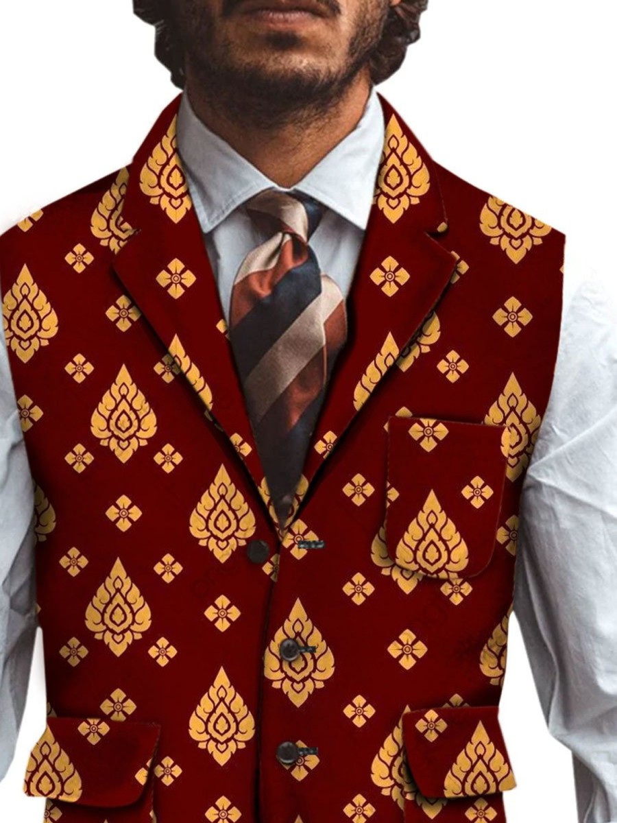 Men BXL Vest | Men'S Retro Ethnic Print Multi-Pocket Casual Vest Wine Red