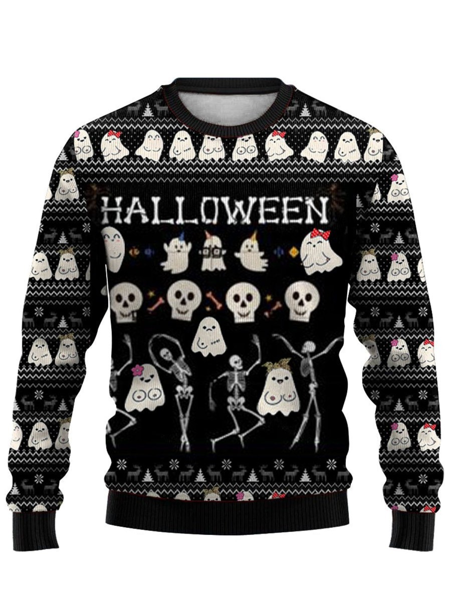 Men LJC Ugly Sweater | Skull Yeti Chest Print Crew Neck Sweatshirt Black