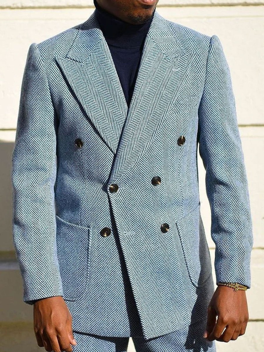 Men BXL Jacket | Retro Woolen Double-Breasted Casual Blazer Blue