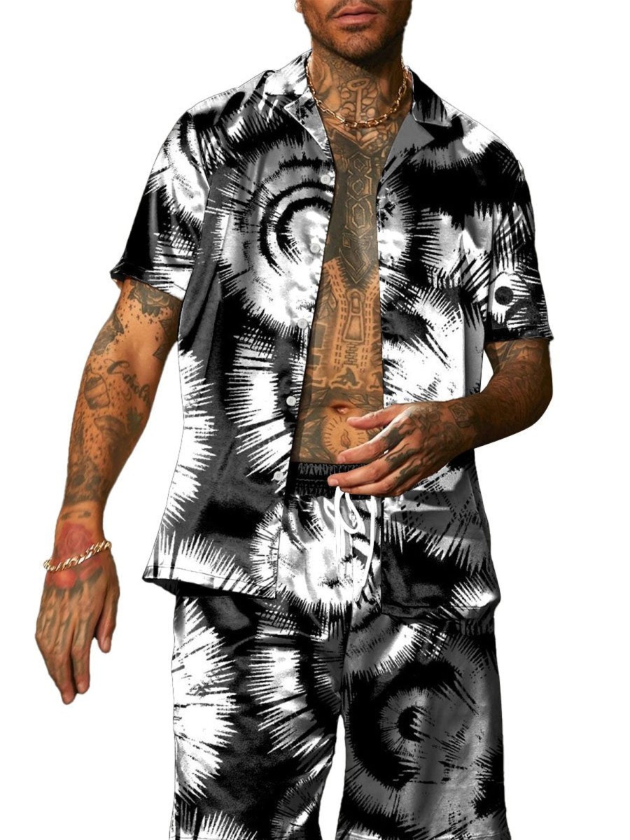 Men DJ Set | Vintage Tie-Dye Printed Short-Sleeved Shirt And Shorts Two-Piece Set Black