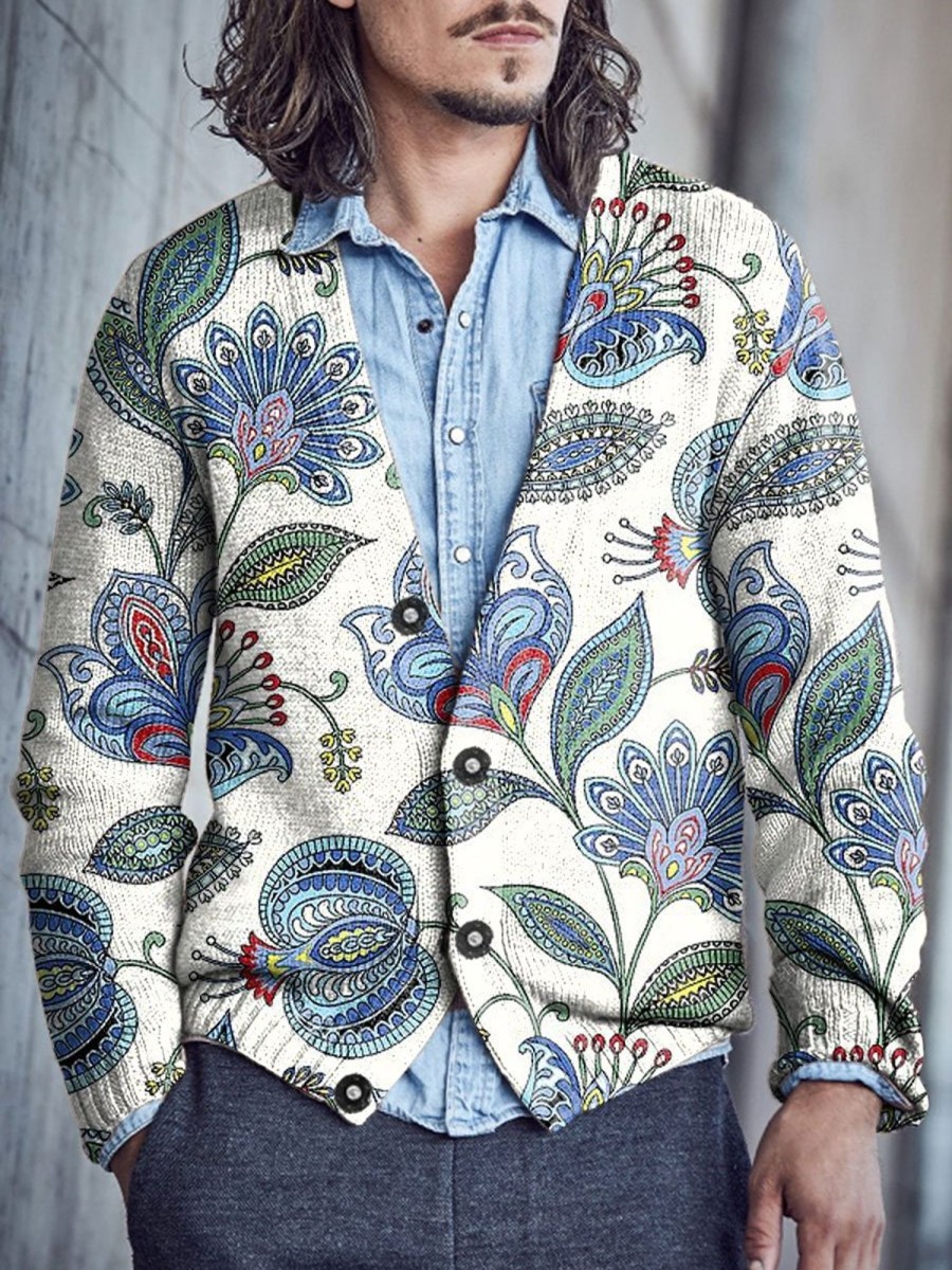 Men BXL Print Cardigan | Men'S Casual Pei Single Breasted V-Neck Knitted Cardigan Photo Color