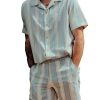 Men BXL Set | Men'S Cotton And Linen Striped Short-Sleeved Shirt Shorts Casual Suit Blue