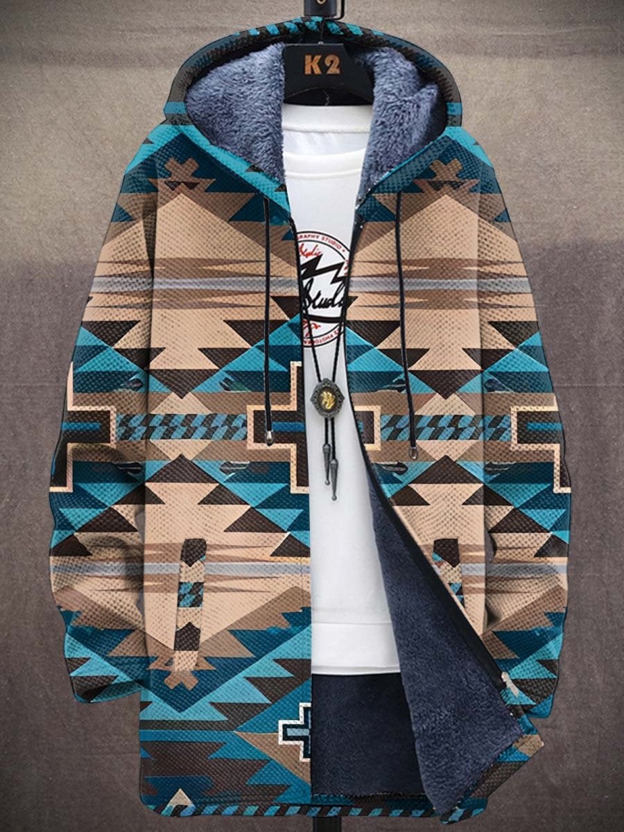 Men LJC Jacket | Retro Geometric Plus Print Double Pocket Hoodie Jacket Photo Color