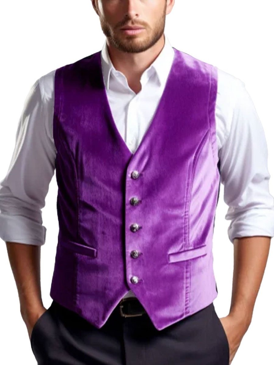 Men BXL Vest | Men'S Retro Solid Color Velvet Casual Pocket Vest Purple