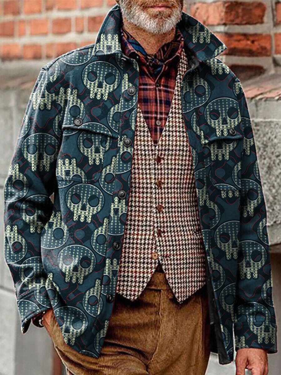 Men DJ Print Jacket | Vintage Geometric Skull Print Pocket Lapel Corduroy Casual Jacket Photo Color