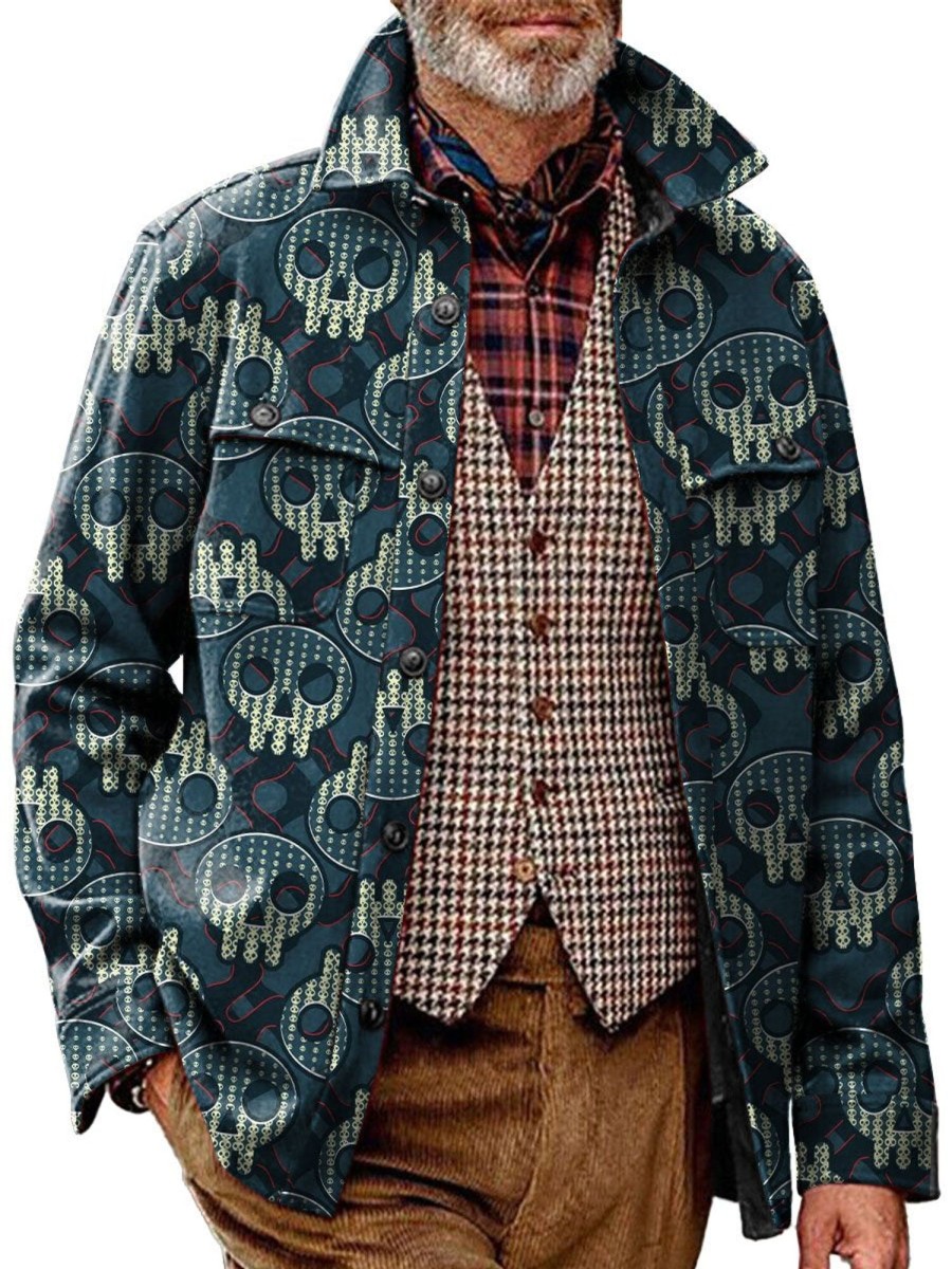 Men DJ Print Jacket | Vintage Geometric Skull Print Pocket Lapel Corduroy Casual Jacket Photo Color