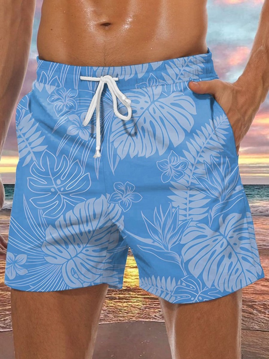 Men DJ Bottoms | Hawaiian Botanical Print Two-Pocket Shorts Blue