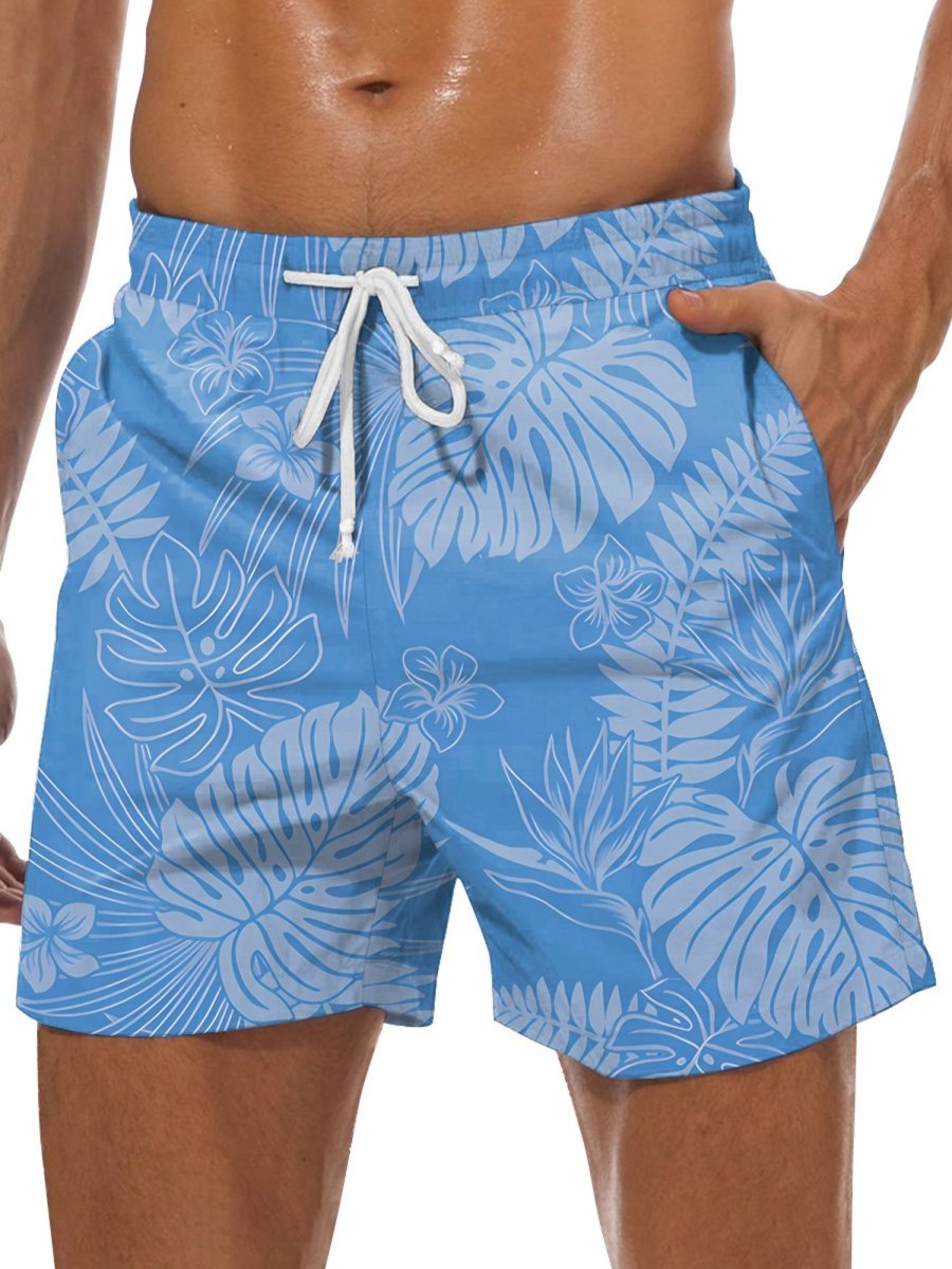 Men DJ Bottoms | Hawaiian Botanical Print Two-Pocket Shorts Blue