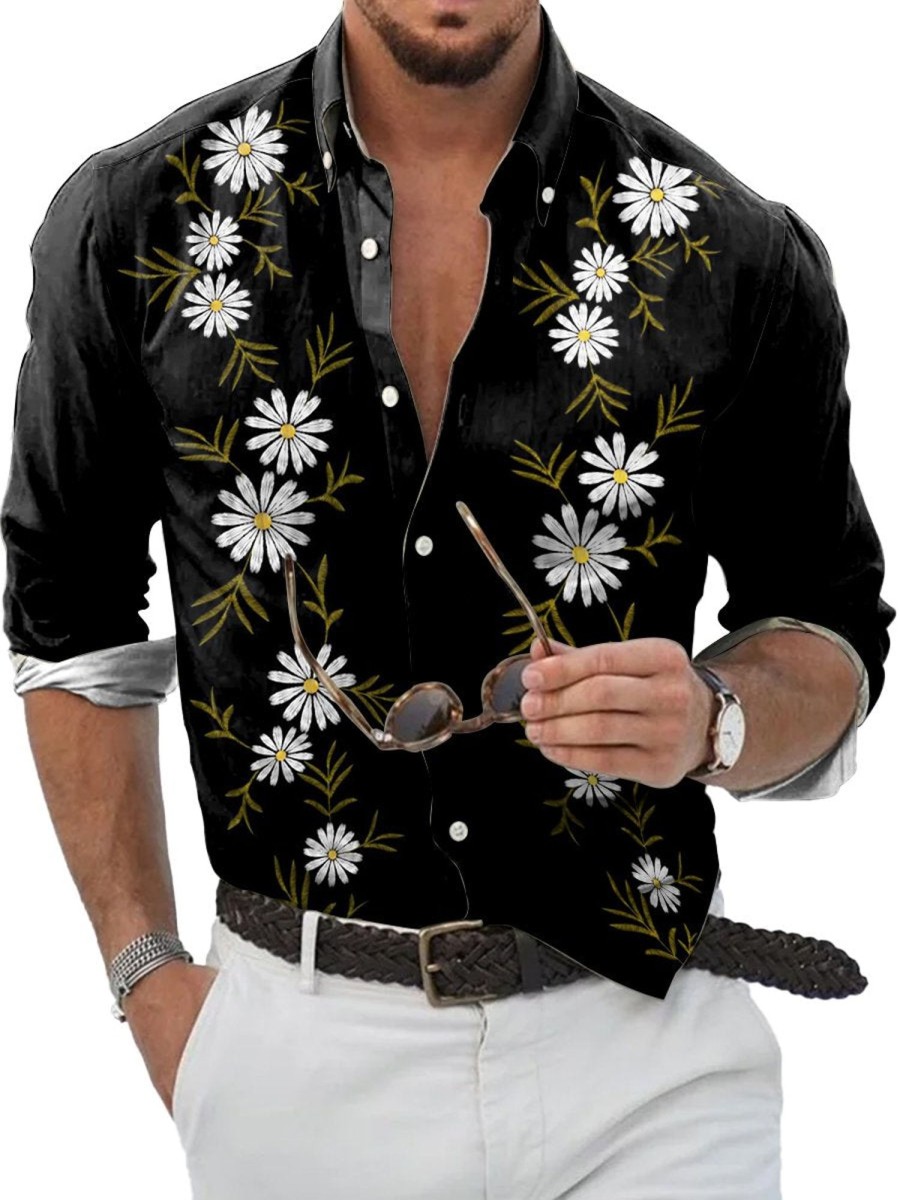 Men QMY Shirts | Casual Floral Contrast Print Long-Sleeved Shirt Photo Color