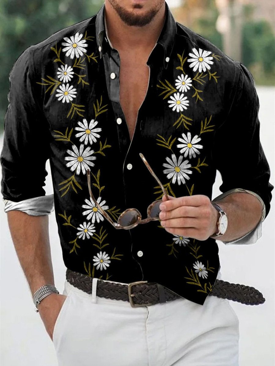 Men QMY Shirts | Casual Floral Contrast Print Long-Sleeved Shirt Photo Color