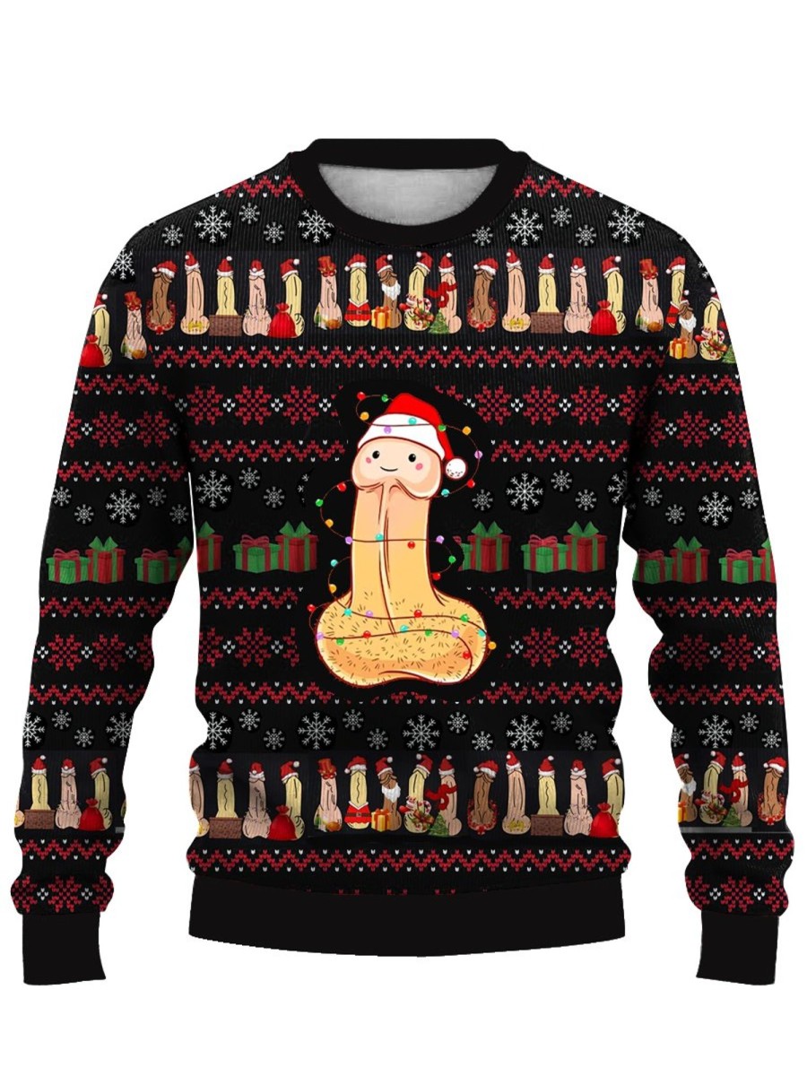 Men DJ Ugly Sweater | Christmas Big Cocks Printed Casual Crew Neck Sweatshirt Photo Color