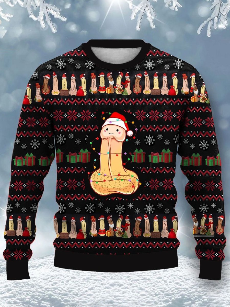 Men DJ Ugly Sweater | Christmas Big Cocks Printed Casual Crew Neck Sweatshirt Photo Color