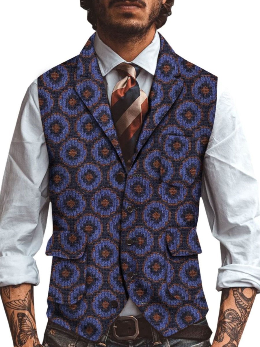 Men BXL Vest | Men'S Retro Geometric Woolen Print Multi-Pocket Casual Vest Photo Color