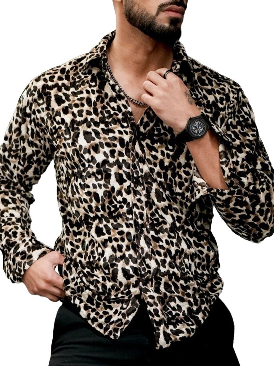 Men QMY Casual Long Sleeve Shirts | Velvet Long-Sleeved Shirt Leopard Print