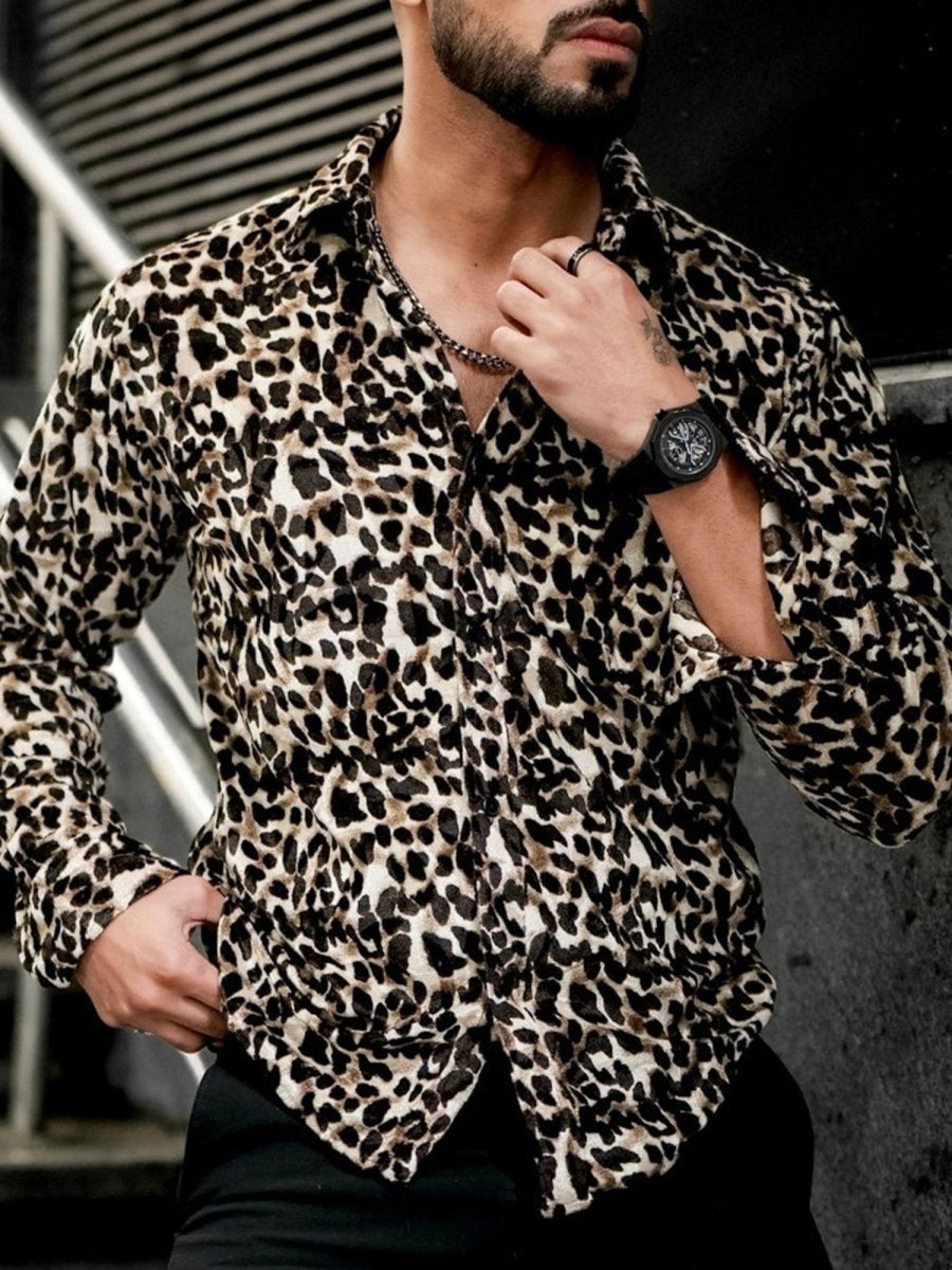 Men QMY Casual Long Sleeve Shirts | Velvet Long-Sleeved Shirt Leopard Print