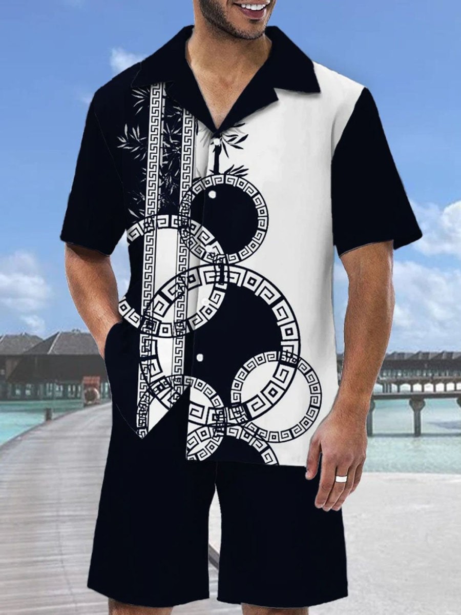 Men DJ Set | Navy Ethnic Circles And Stripes Printing Hawaiian Cuban Collar Short Sleeve Shirt Set Black