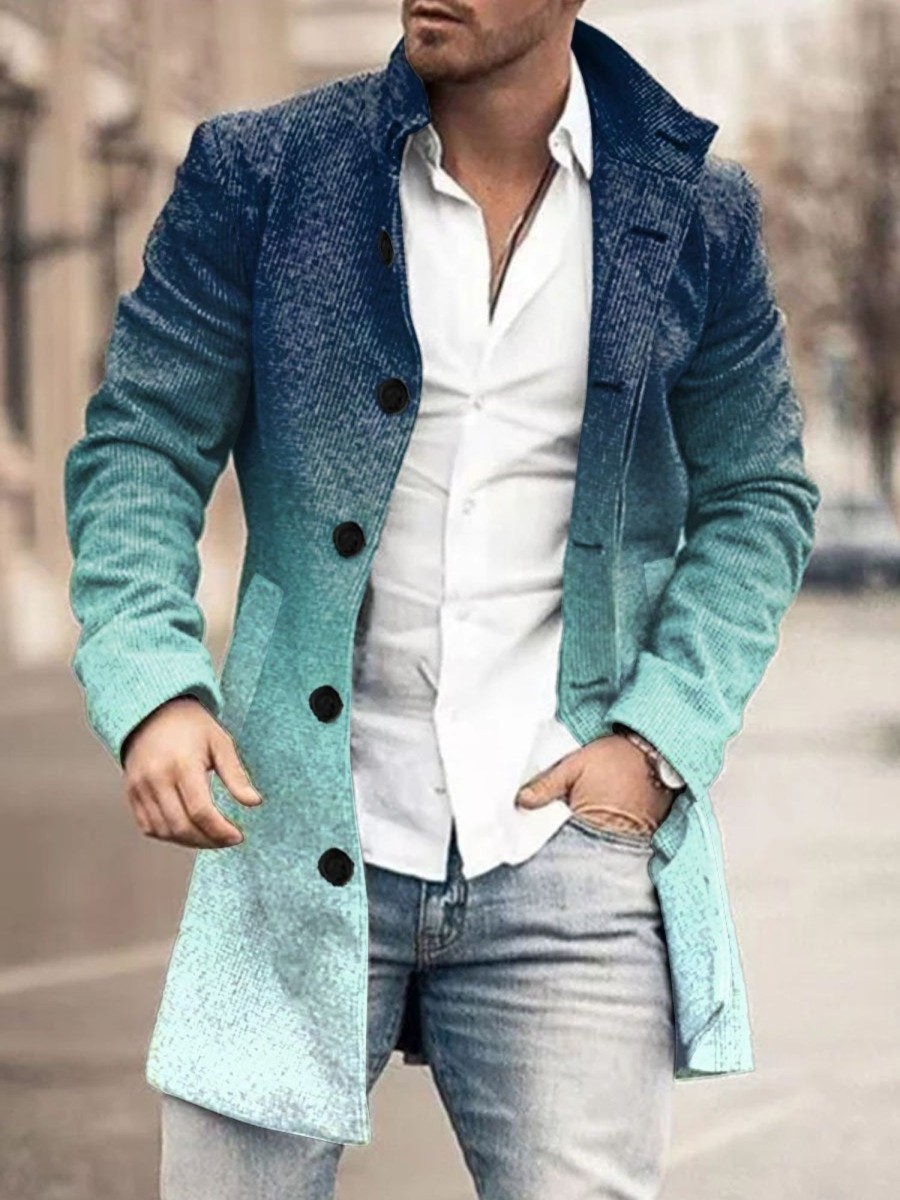 Men DJ Print Jacket | Gradient Print Stand Collar Double Pocket Single Breasted Woolen Coat Blue