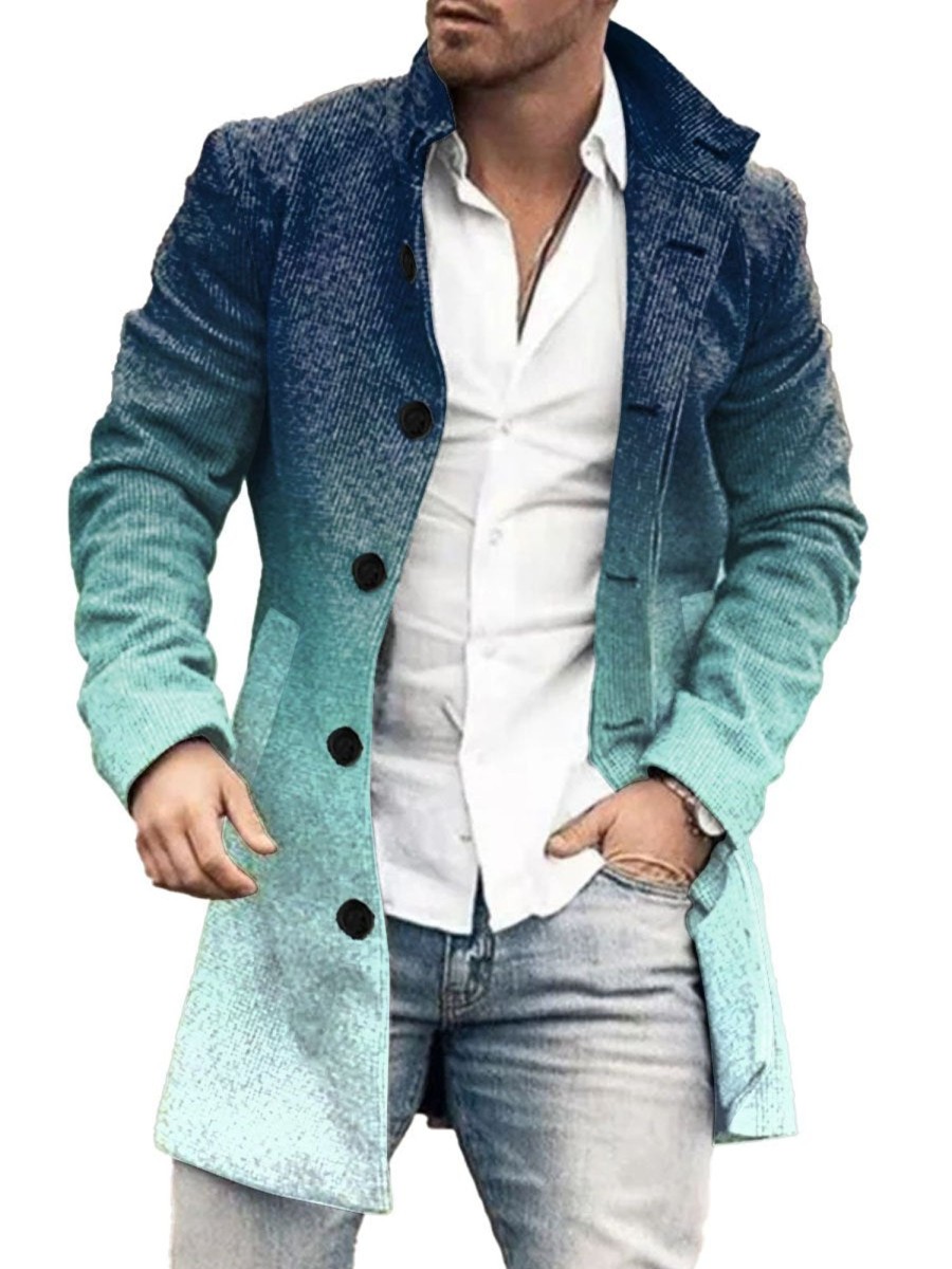 Men DJ Print Jacket | Gradient Print Stand Collar Double Pocket Single Breasted Woolen Coat Blue