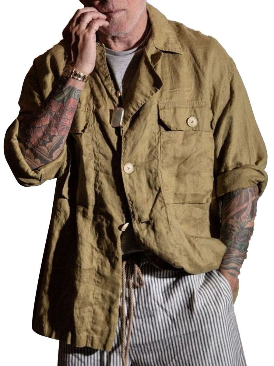 Men DJ Jacket | Vintage American Lapel Double Pocket Single Breasted Jacket Army Green