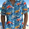 Men DJ Shirts | Pocket Pool Water Japanese Print Beach Men'S Hawaiian Big And Tall Shirt Blue