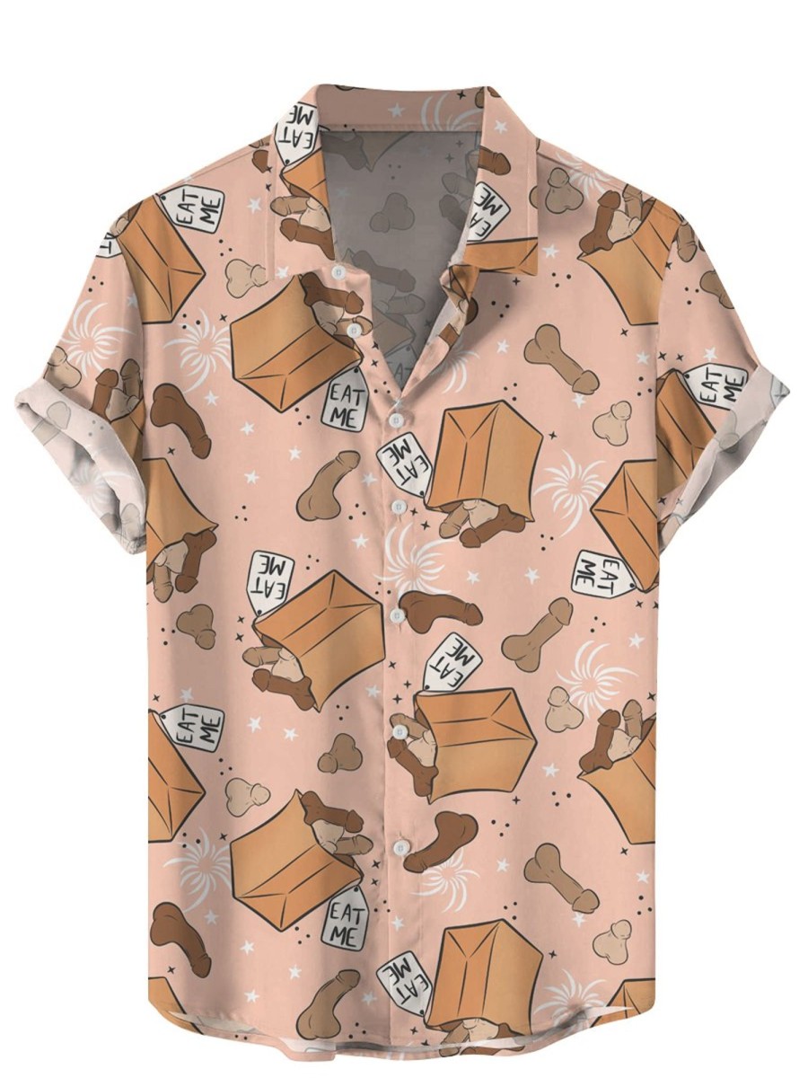 Men HLJ Shirts | Men'S Cock Digital Paper Bag Print Hawaiian Easy Care Short Sleeve Aloha Shirt Flesh Pink