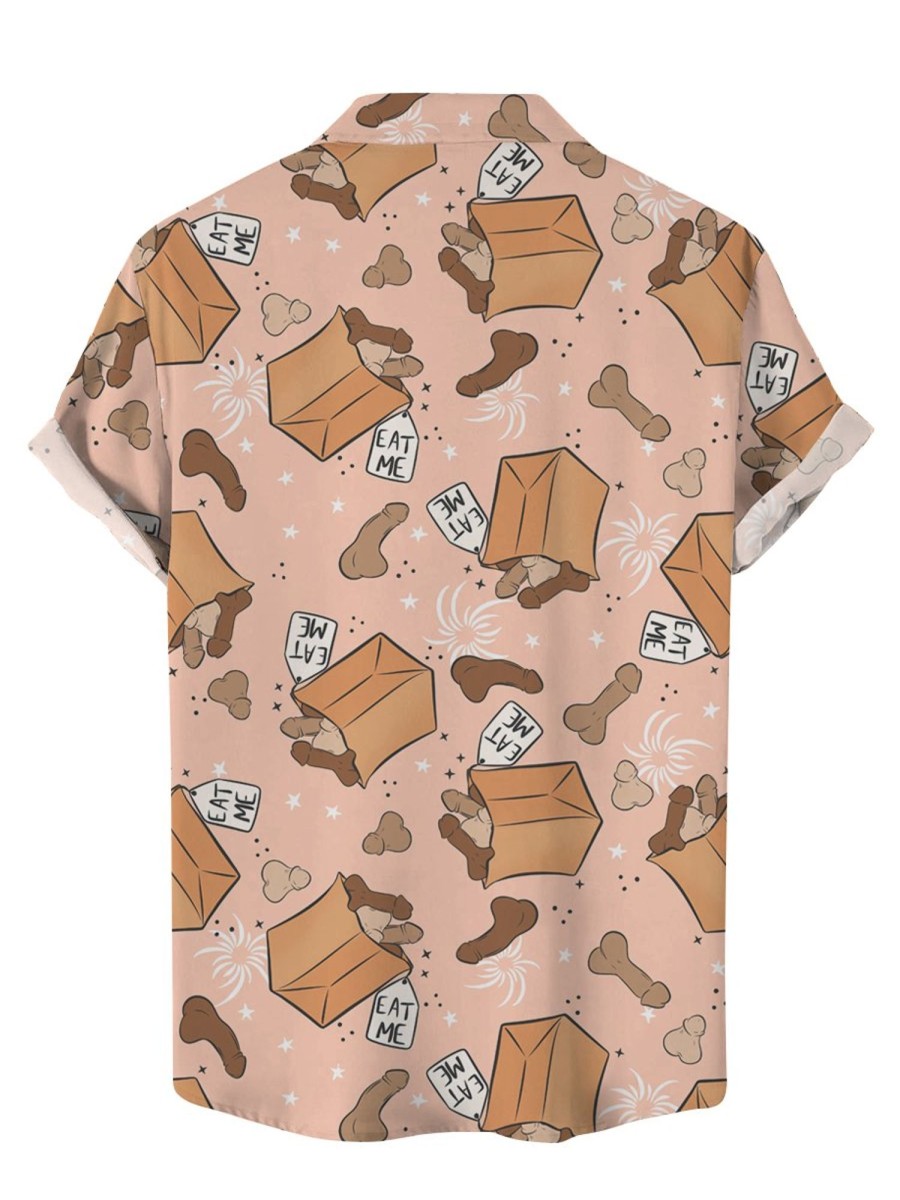 Men HLJ Shirts | Men'S Cock Digital Paper Bag Print Hawaiian Easy Care Short Sleeve Aloha Shirt Flesh Pink