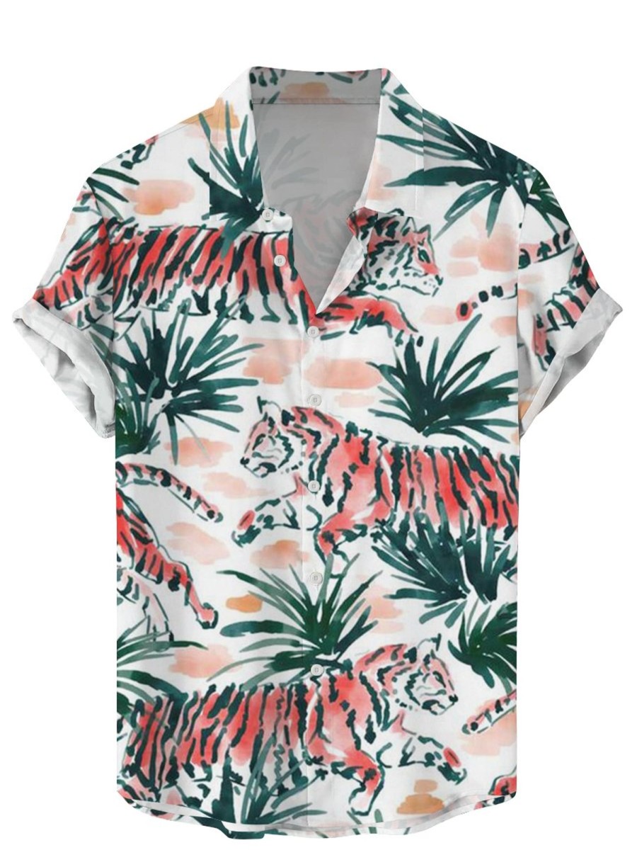 Men LJC Shirts | Watercolor Tiger Print Casual Short Sleeve Shirt Photo Color