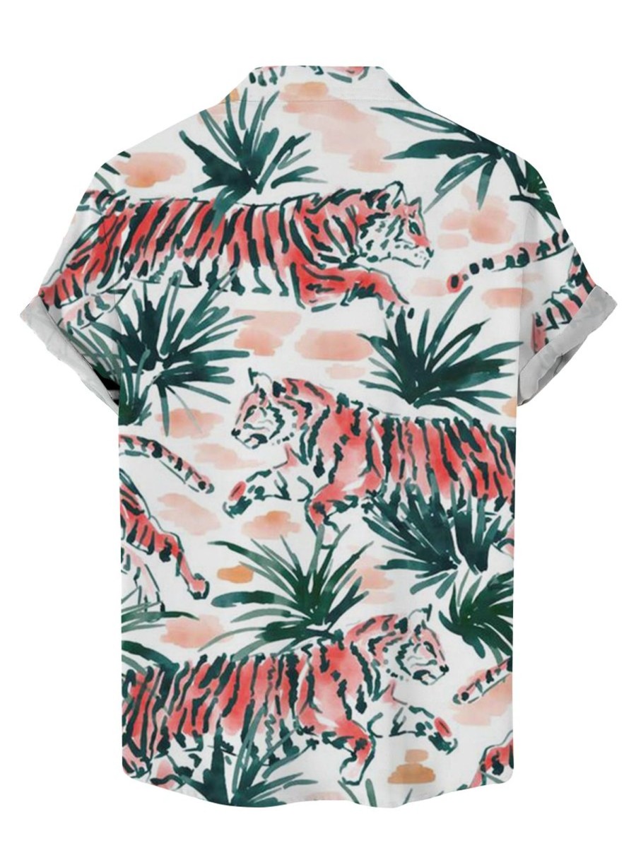 Men LJC Shirts | Watercolor Tiger Print Casual Short Sleeve Shirt Photo Color