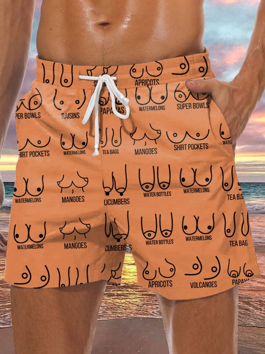 Men DJ Bottoms | Fun Boobs In All Shapes And Sizes Print Pocket Shorts Orange