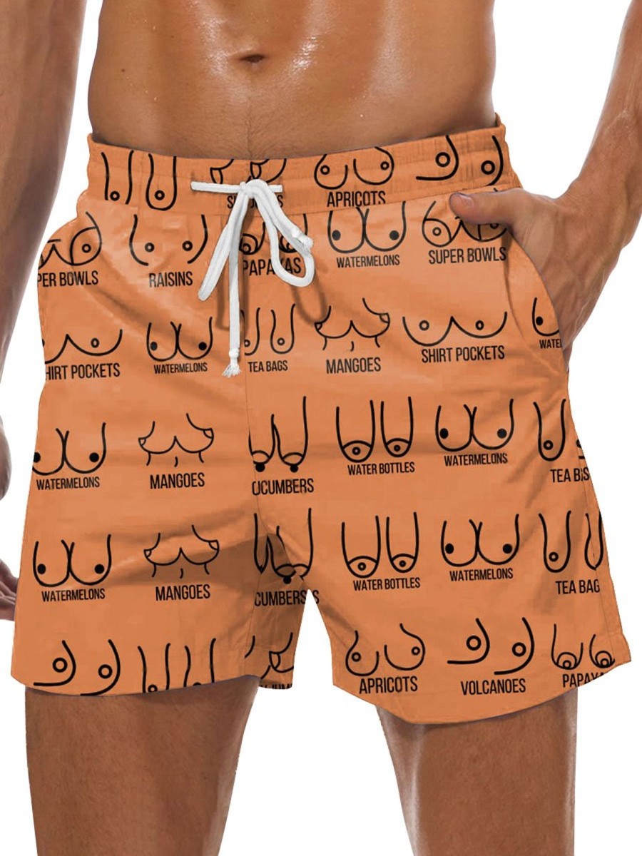 Men DJ Bottoms | Fun Boobs In All Shapes And Sizes Print Pocket Shorts Orange